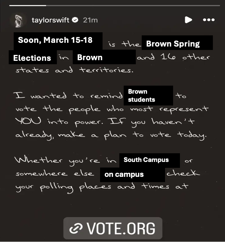 Ahead of UCS, CCB, UFB Elections, Taylor Swift Reminds Brown Students to ‘Vote the People Who Most Represent YOU into Power’